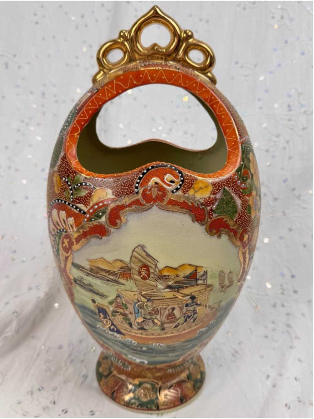 Vintage 1984 Chinese Satsuma Style Moon Flask Basket Vase 15” Gilded Chinoiserie - Picture 5 of 8